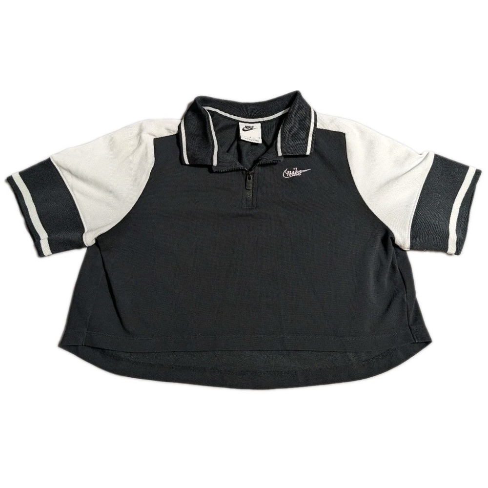 Nike Girls Cropped Quarter Zip Polo Shirt Youth Large Black White Short Sleeve - Picture 1 of 6